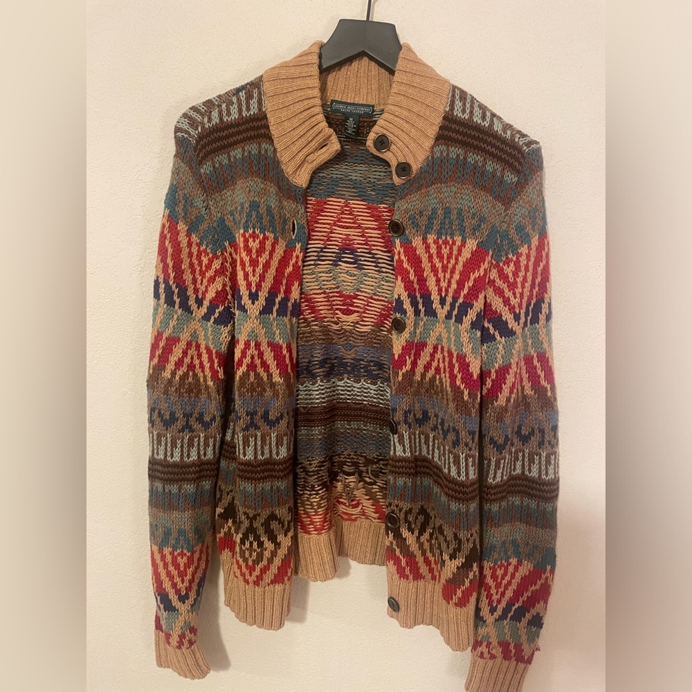Lauren Jeans Co Ralph Southwest Aztec Knit Cardigan Sweater Brown Medium